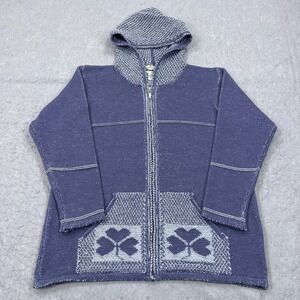 Aran Crafts Navy and Light Gray Hooded Zip Cardigan Sweater